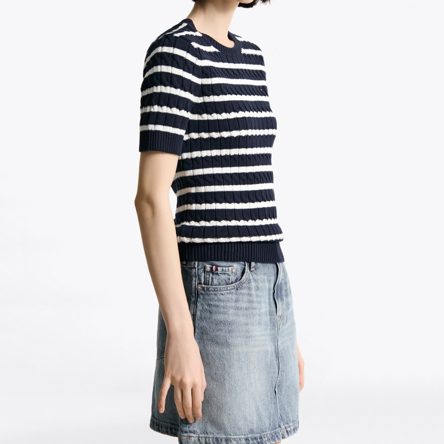 TOMMY HILFIGER [Official Headquarters] Slim Cable Knit Short-Sleeve Sweater