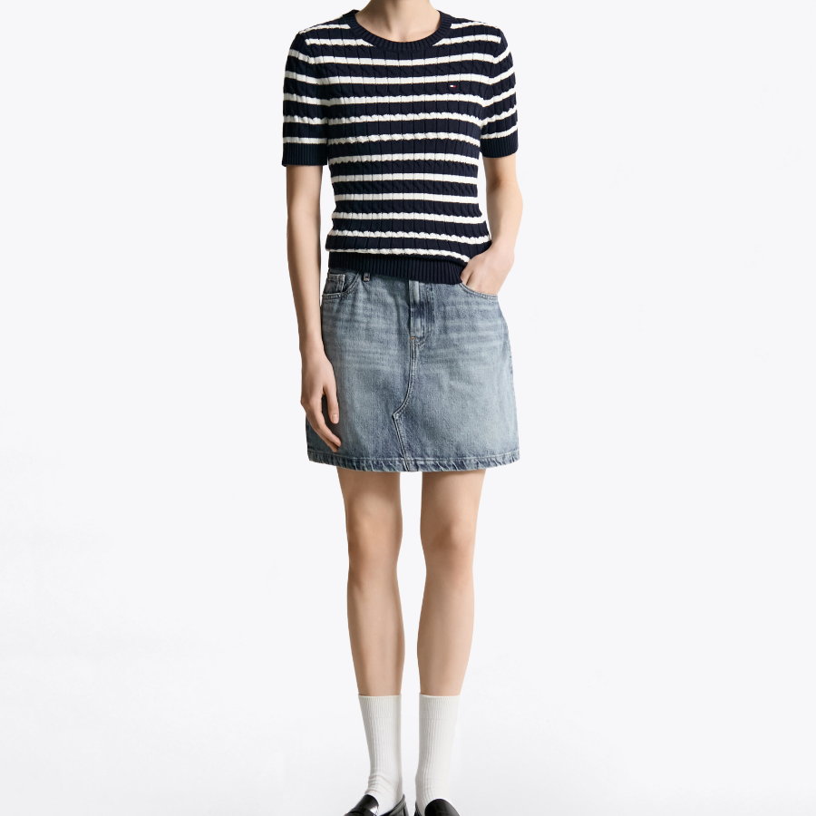 TOMMY HILFIGER [Official Headquarters] Slim Cable Knit Short-Sleeve Sweater