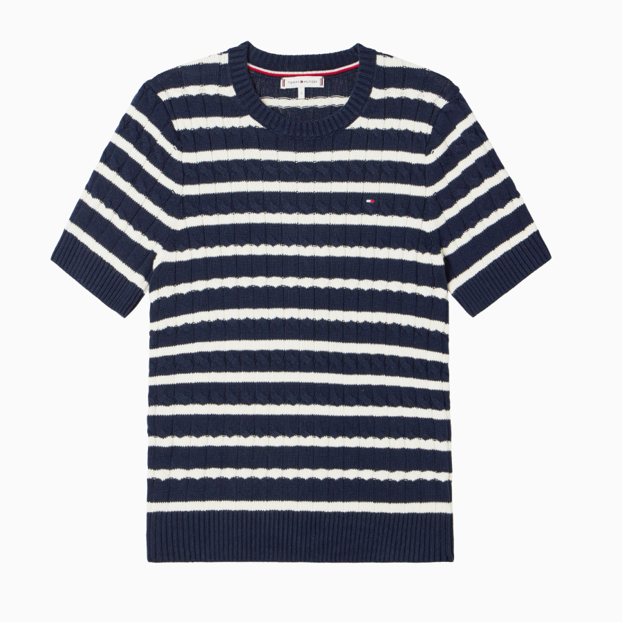 TOMMY HILFIGER [Official Headquarters] Slim Cable Knit Short-Sleeve Sweater