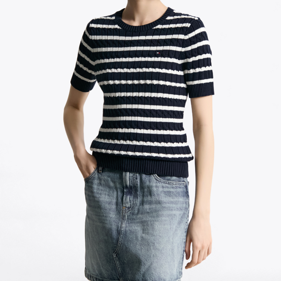 TOMMY HILFIGER [Official Headquarters] Slim Cable Knit Short-Sleeve Sweater