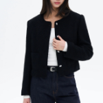 8 seconds Padded Lined Boucle Round-Neck Short Jacket – Black