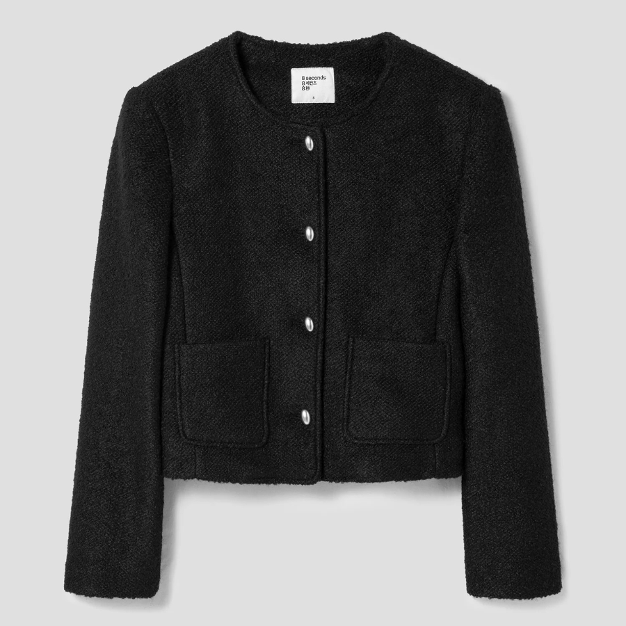 8 seconds Padded Lined Boucle Round-Neck Short Jacket – Black