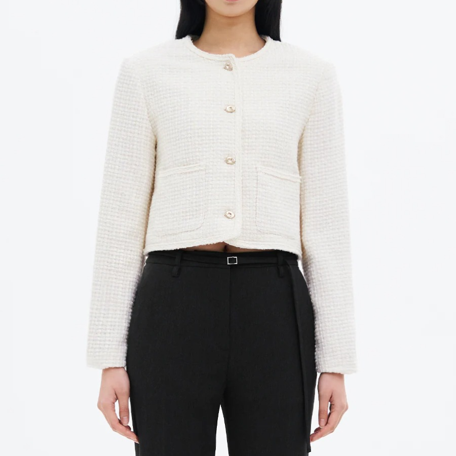 8 seconds Round-Neck Textured Tweed Short Jacket – Ivory