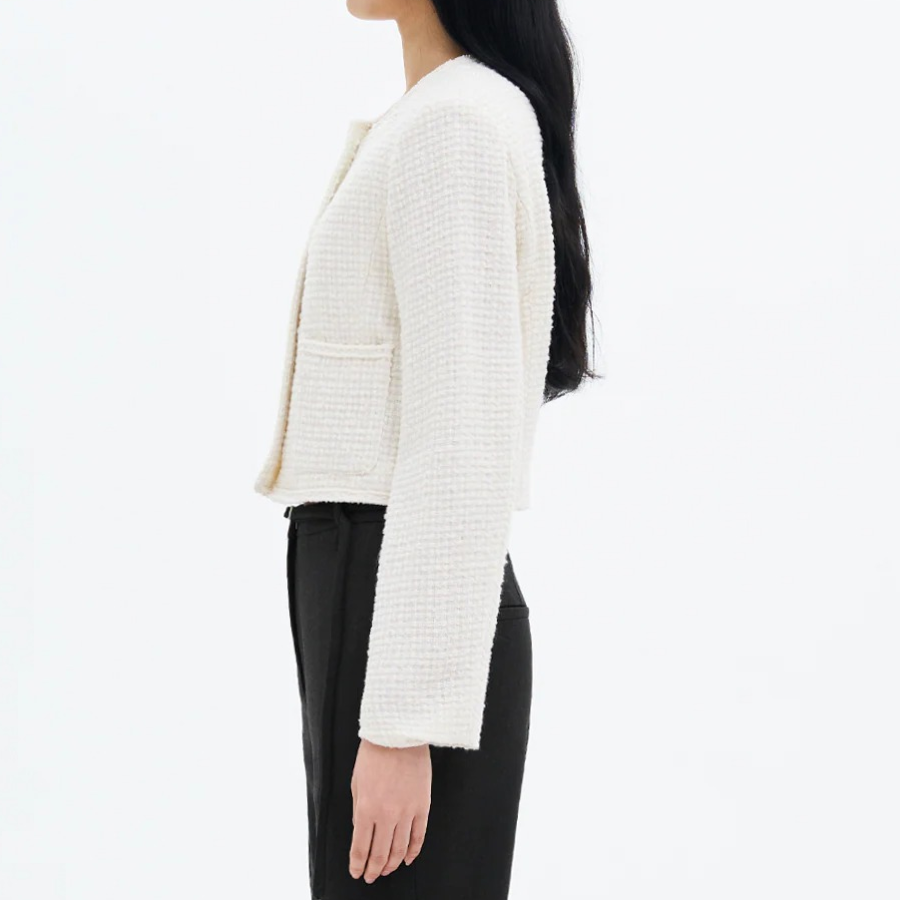 8 seconds Round-Neck Textured Tweed Short Jacket – Ivory