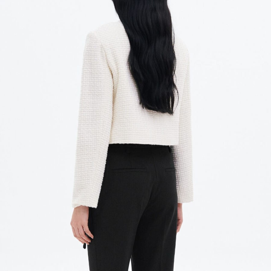 8 seconds Round-Neck Textured Tweed Short Jacket – Ivory