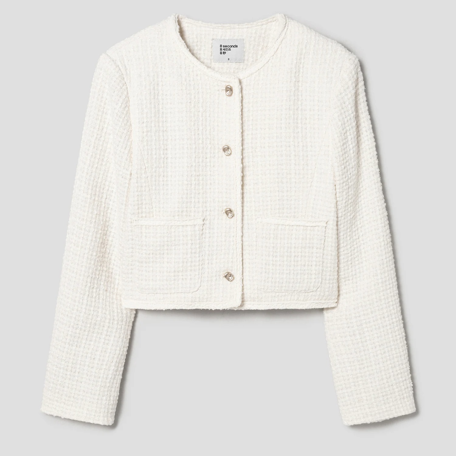 8 seconds Round-Neck Textured Tweed Short Jacket – Ivory