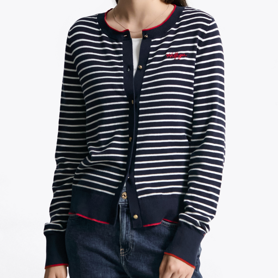 TOMMY HILFIGER [Official Headquarters] Striped Logo Crew Neck Cardigan