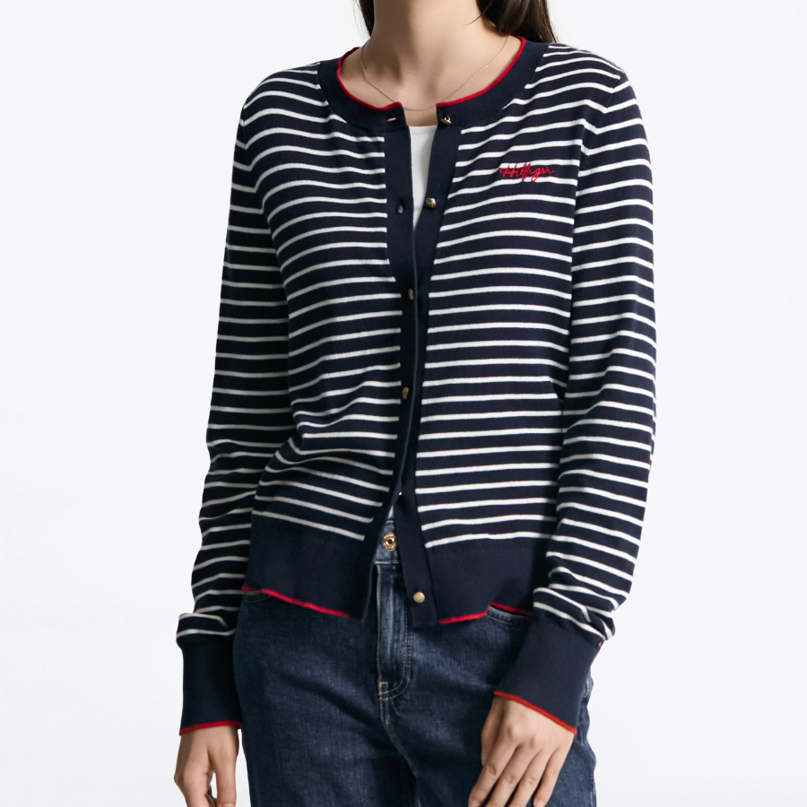 TOMMY HILFIGER [Official Headquarters] Striped Logo Crew Neck Cardigan