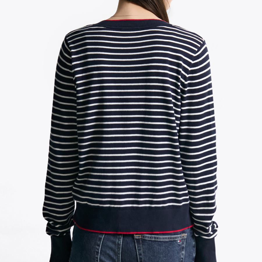 TOMMY HILFIGER [Official Headquarters] Striped Logo Crew Neck Cardigan