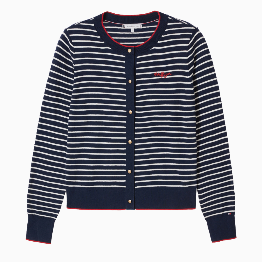 TOMMY HILFIGER [Official Headquarters] Striped Logo Crew Neck Cardigan