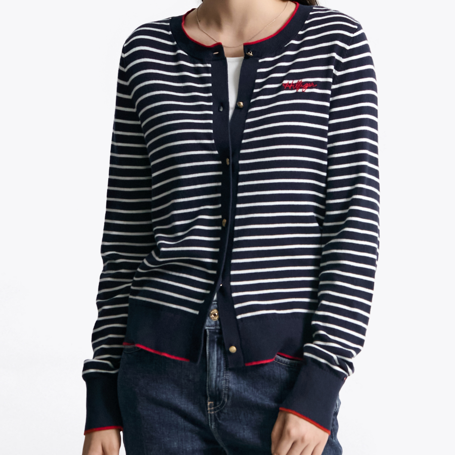TOMMY HILFIGER [Official Headquarters] Striped Logo Crew Neck Cardigan