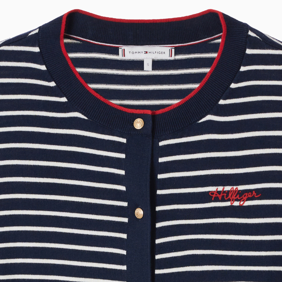 TOMMY HILFIGER [Official Headquarters] Striped Logo Crew Neck Cardigan