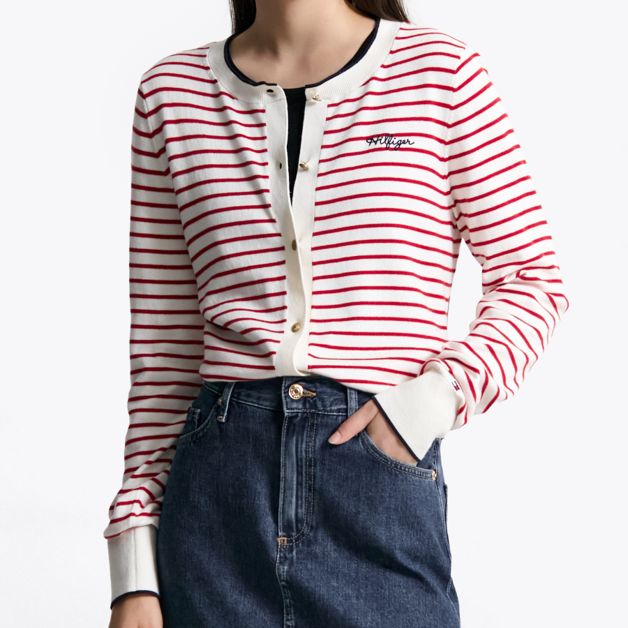 TOMMY HILFIGER [Official Headquarters] Striped Logo Crew Neck Cardigan