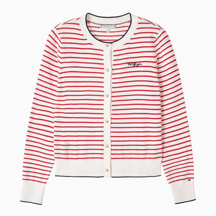 TOMMY HILFIGER [Official Headquarters] Striped Logo Crew Neck Cardigan