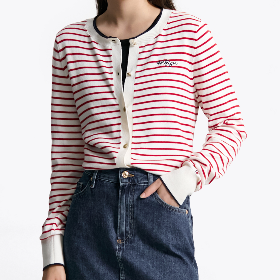 TOMMY HILFIGER [Official Headquarters] Striped Logo Crew Neck Cardigan