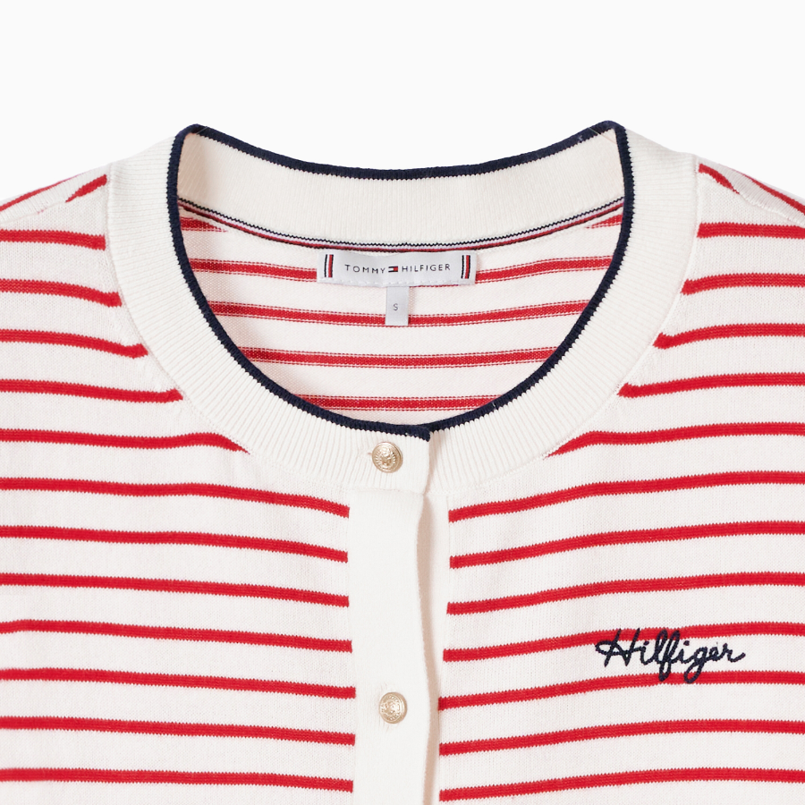 TOMMY HILFIGER [Official Headquarters] Striped Logo Crew Neck Cardigan