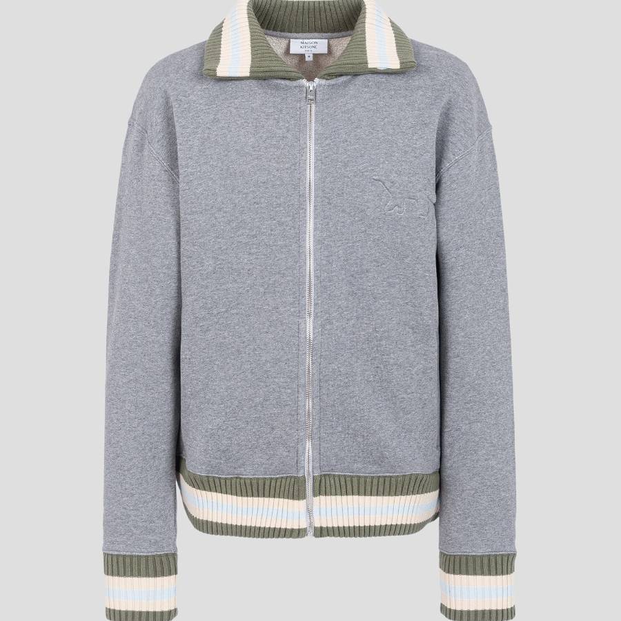 Maison Kitsune Men Varsity Zipped Blouson In Fleece With Knitted Detail - Medium Grey Melange