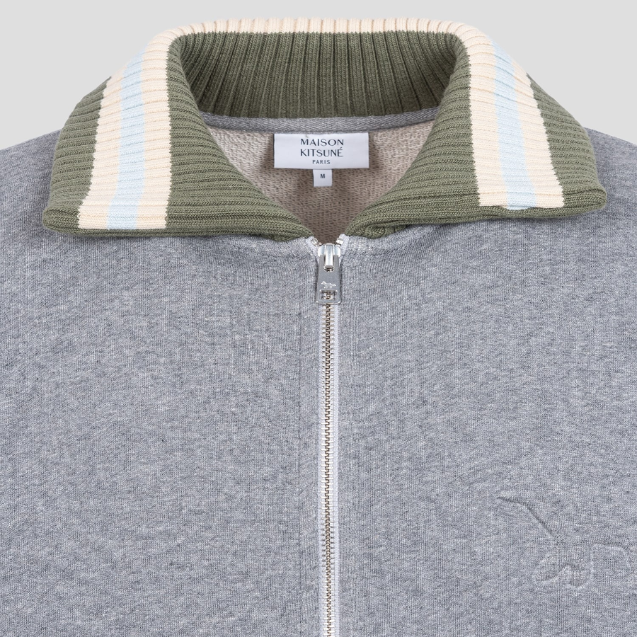 Maison Kitsune Men Varsity Zipped Blouson In Fleece With Knitted Detail - Medium Grey Melange