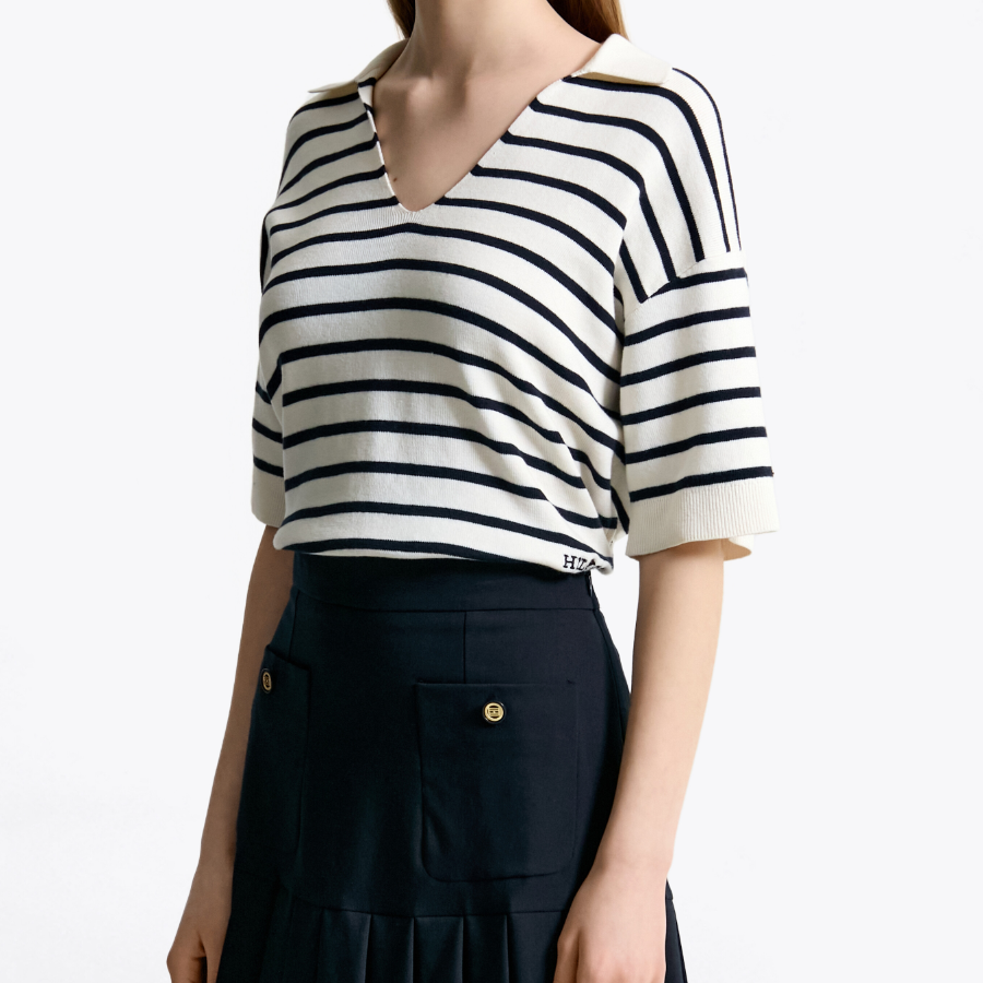 TOMMY HILFIGER [Official Headquarters] Striped Open Collar Sweater