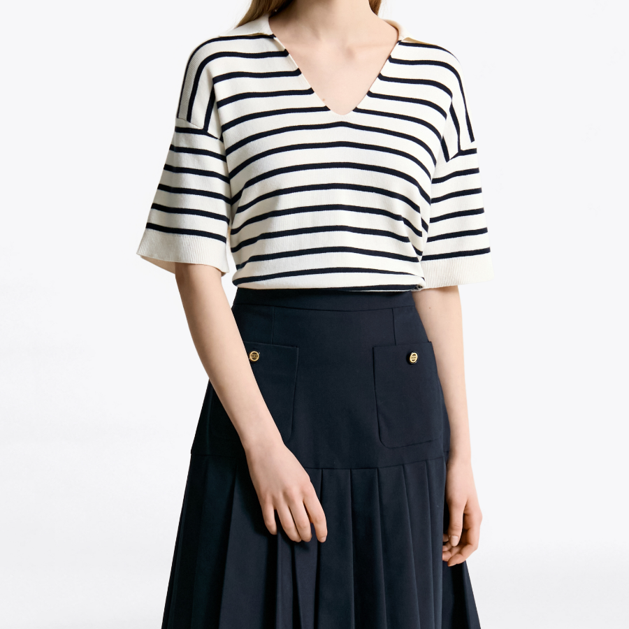 TOMMY HILFIGER [Official Headquarters] Striped Open Collar Sweater