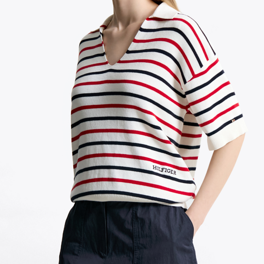 TOMMY HILFIGER [Official Headquarters] Striped Open Collar Sweater