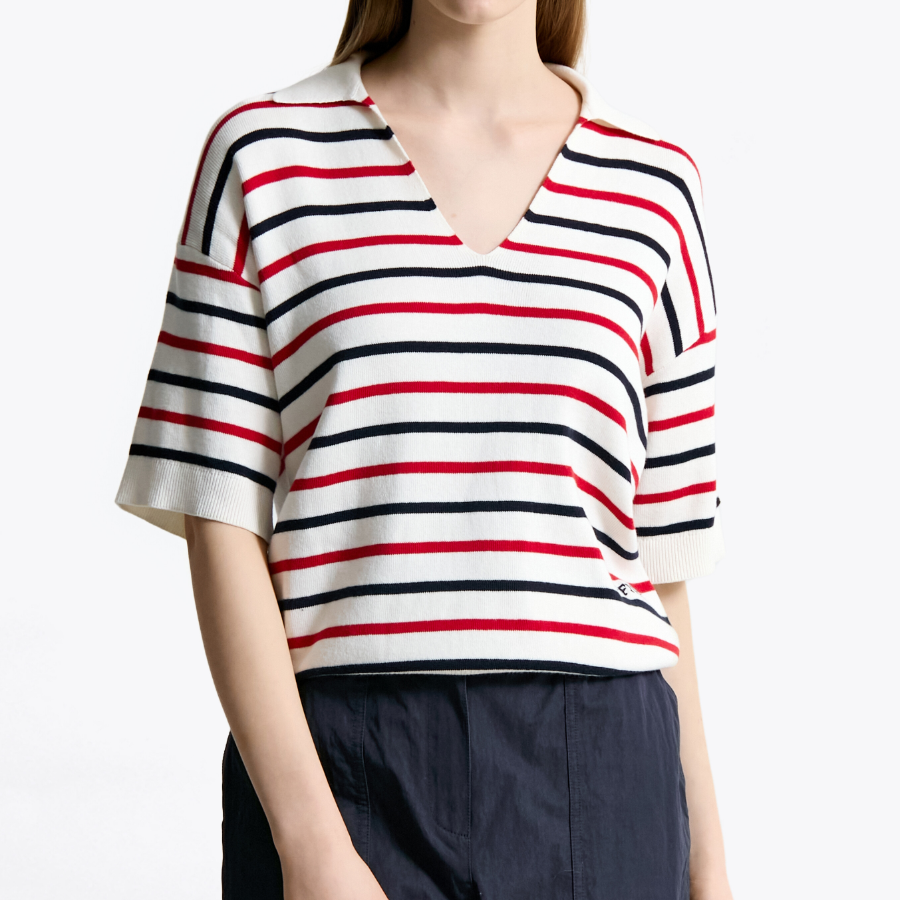 TOMMY HILFIGER [Official Headquarters] Striped Open Collar Sweater