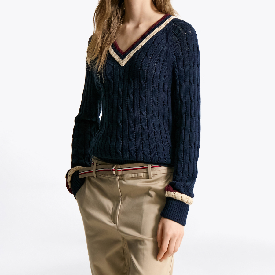 TOMMY HILFIGER [Official Headquarters] Varsity Cable V-Neck Sweater