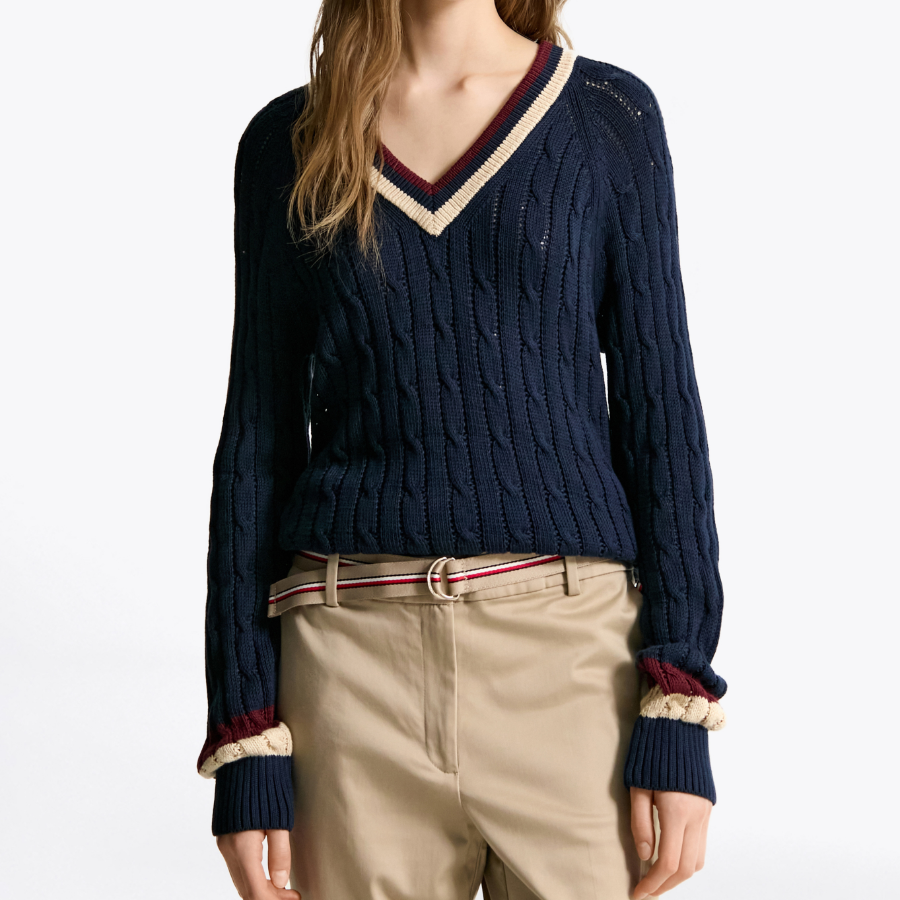 TOMMY HILFIGER [Official Headquarters] Varsity Cable V-Neck Sweater