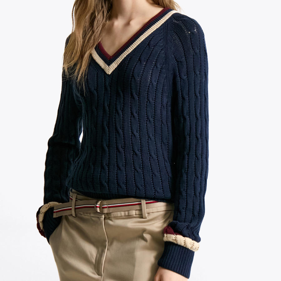 TOMMY HILFIGER [Official Headquarters] Varsity Cable V-Neck Sweater
