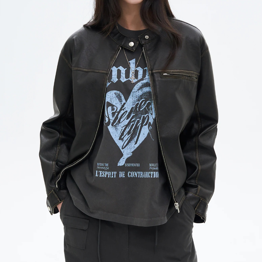 8 seconds Washed Faux Leather Racer Jacket — Black