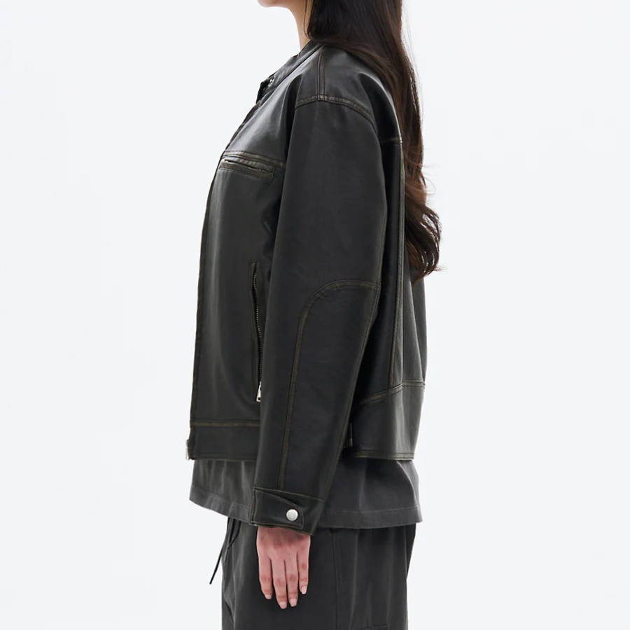 8 seconds Washed Faux Leather Racer Jacket — Black