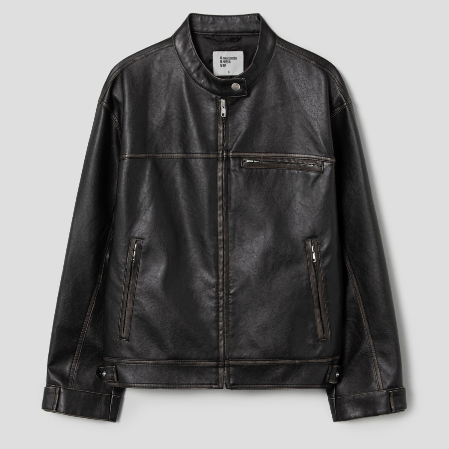 8 seconds Washed Faux Leather Racer Jacket — Black