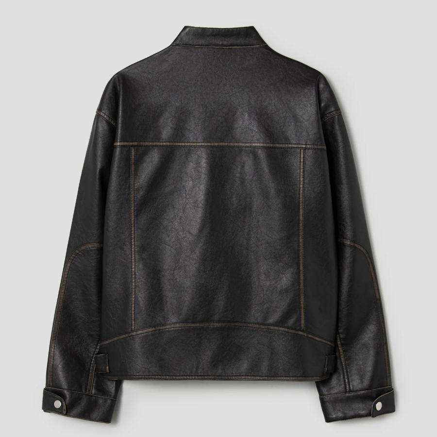8 seconds Washed Faux Leather Racer Jacket — Black