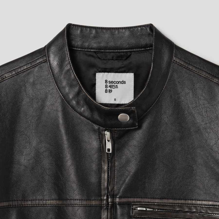 8 seconds Washed Faux Leather Racer Jacket — Black