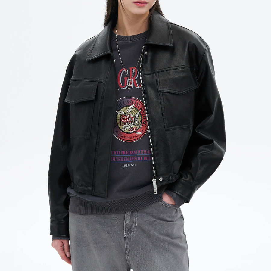 8 seconds Faux Leather Shirt Style Blouson — Black