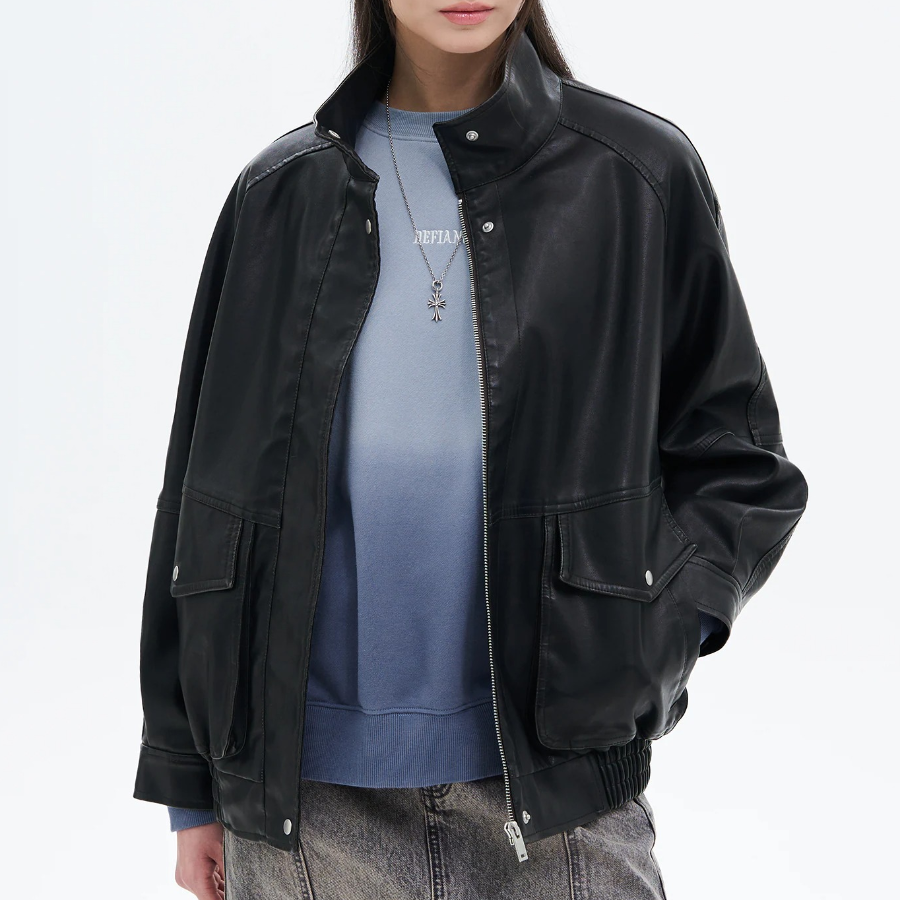 8 seconds Oversized High Neck Faux Leather Jumper — Black