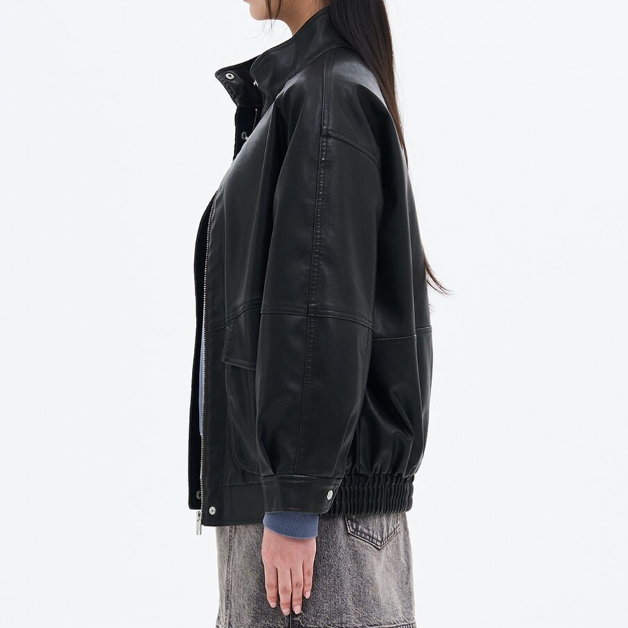 8 seconds Oversized High Neck Faux Leather Jumper — Black