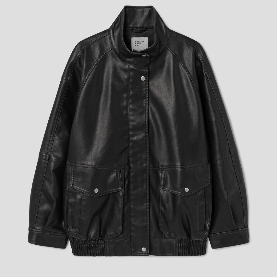 8 seconds Oversized High Neck Faux Leather Jumper — Black
