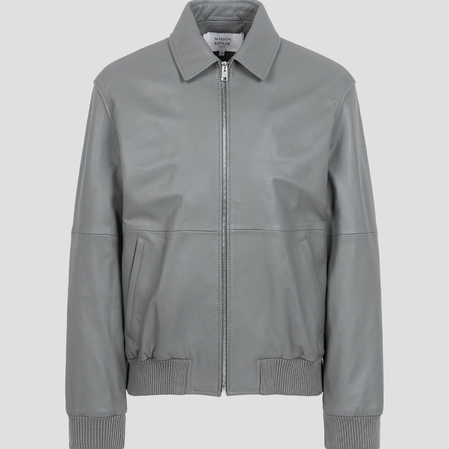 Maison Kitsune Men Zipped Leather Blouson - Lead