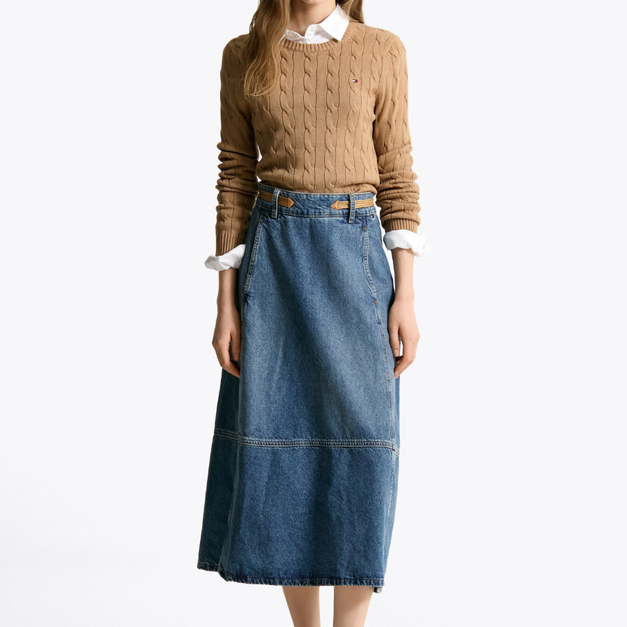 TOMMY HILFIGER [Official Headquarters] Leather Belt Denim Midi Skirt