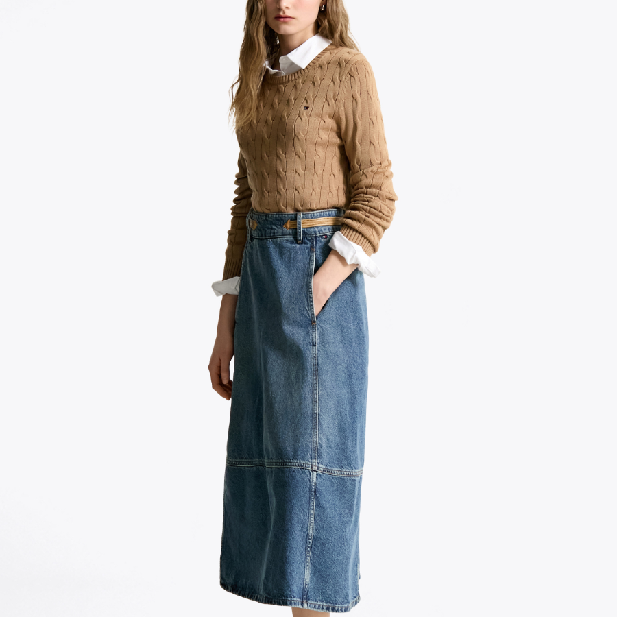TOMMY HILFIGER [Official Headquarters] Leather Belt Denim Midi Skirt