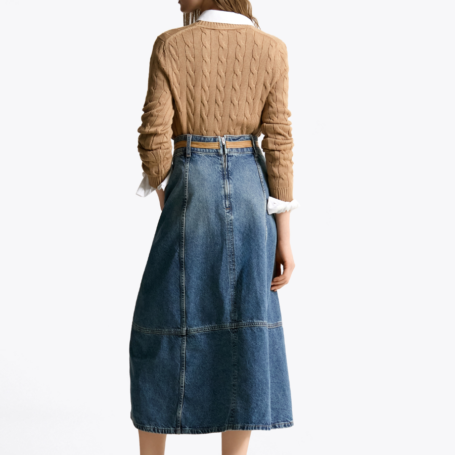TOMMY HILFIGER [Official Headquarters] Leather Belt Denim Midi Skirt