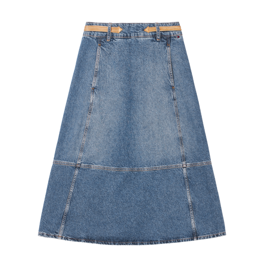 TOMMY HILFIGER [Official Headquarters] Leather Belt Denim Midi Skirt