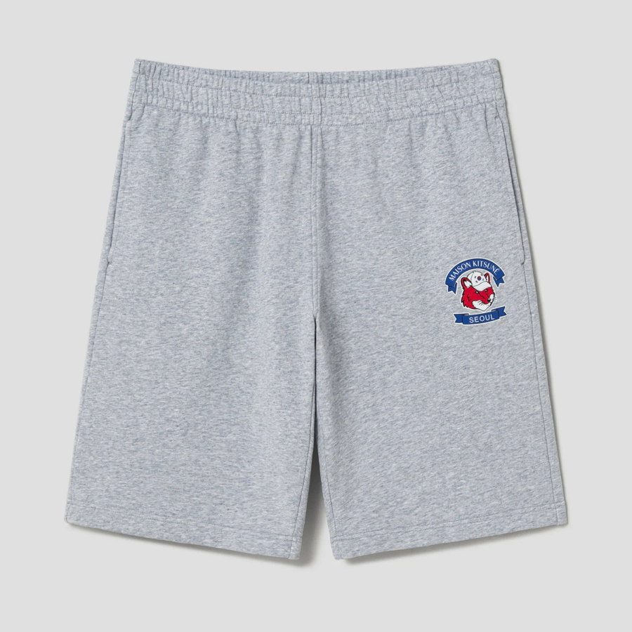 Maison Kitsune Unisex Korean Fox Printed Comfort Jog Shorts - Light Grey Melange