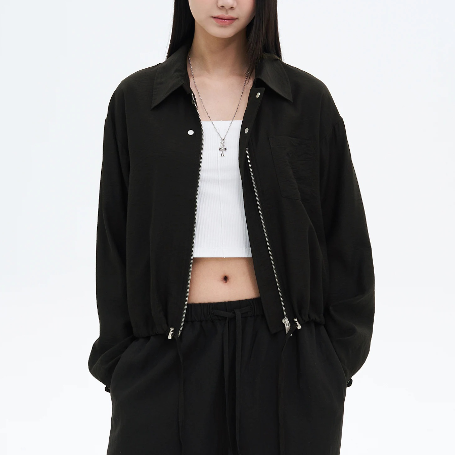 8 seconds String Collar Neck Zip-Up Outer — Black