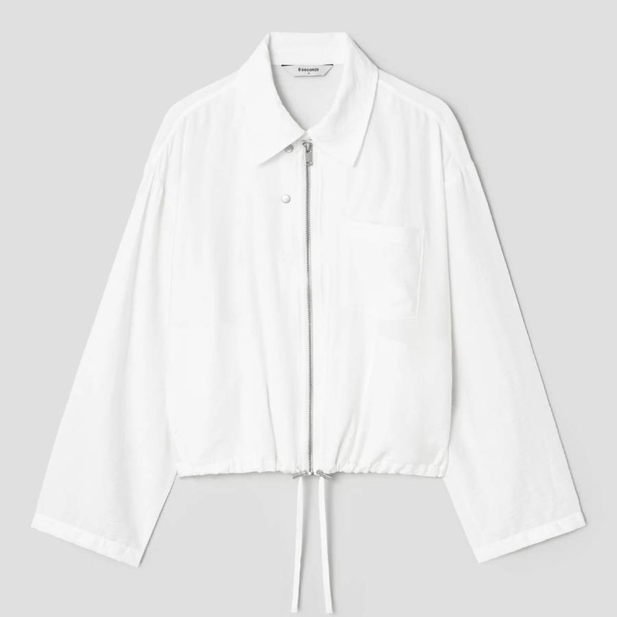 8 seconds String Collar Neck Zip-Up Outer — White