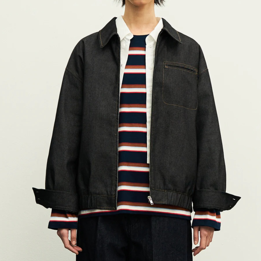 8 seconds Denim-like Collar Neck Blouson Outer — Navy