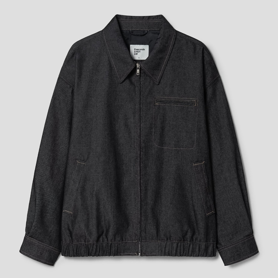 8 seconds Denim-like Collar Neck Blouson Outer — Navy