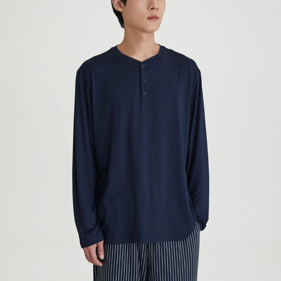 JAJU Peach Skin Long Sleeve Pajama T-Shirt – Navy