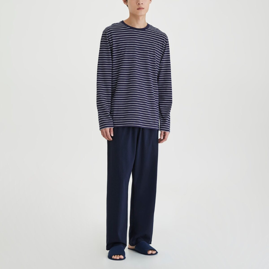 JAJU Smart Cotton Round Neck Long Sleeve Lounge T-Shirt – Dark Navy